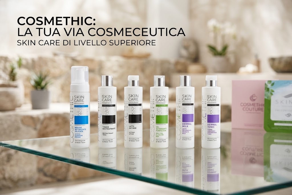 Sei prodotti della linea cosmeceutica Skin Care Program su superficie in vetro"