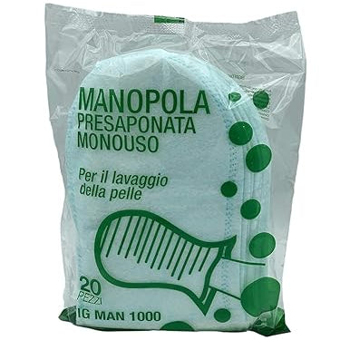 MANOPOLA PRESAPONATA  - Monouso in TNT presaponato con detergente neutro a secco per l'igiene del paziente X 20 PEZZI