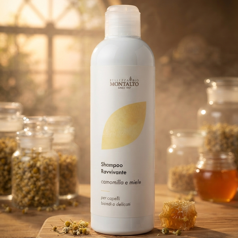 Shampoo ravvivante alla camomilla e miele Bellezza Bio Montalto per capelli biondi e delicati